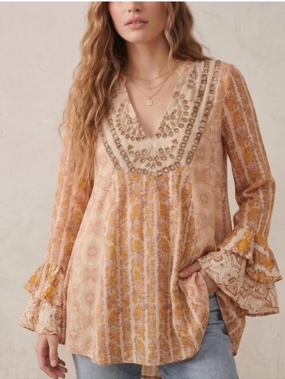 Free People Fallin' Into You Tunic Dress Gold Floral Combo Size XL